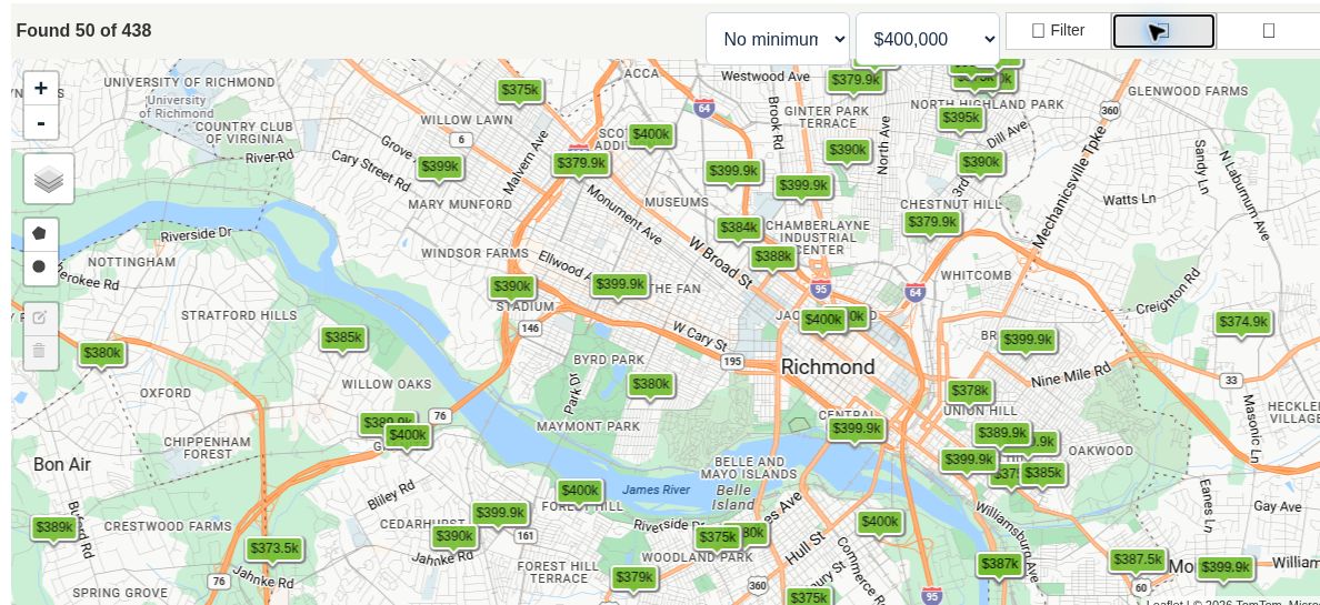 Taylor Homes IDX map search showing Richmond-area homes
