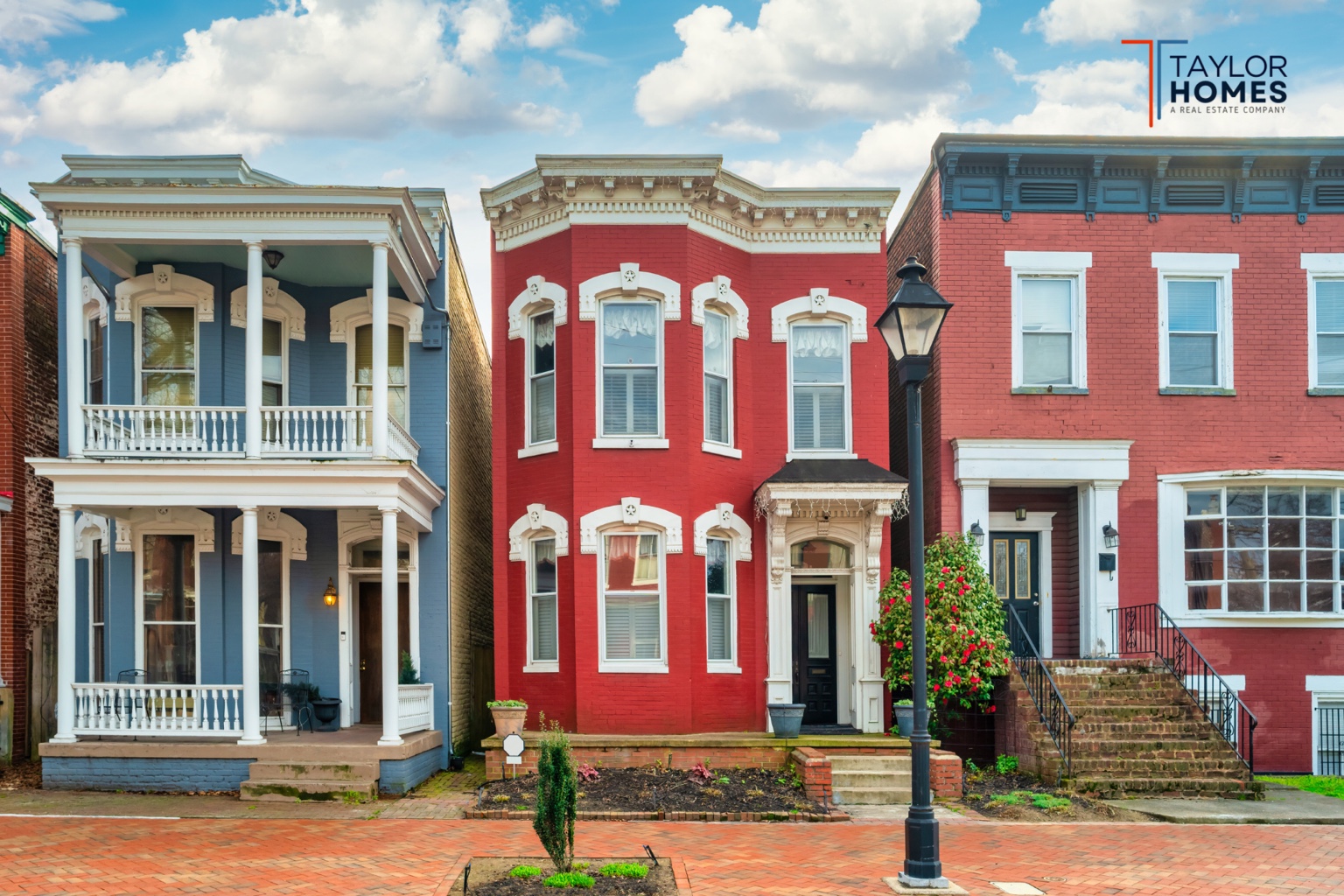 Richmond-style brick rowhouses and front porches with Taylor Homes branding