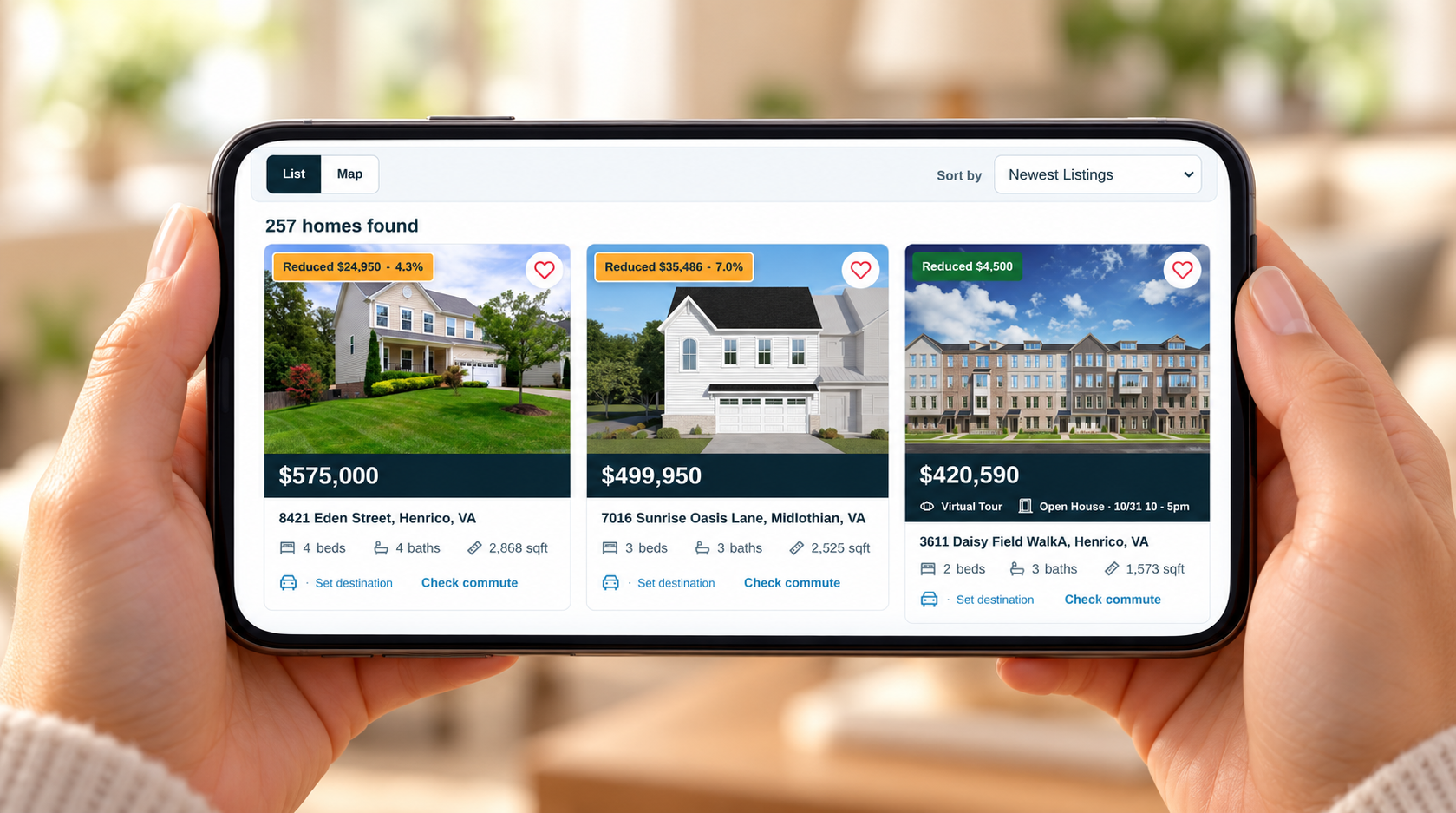 Hands holding a phone with an animated Taylor Homes listing preview
